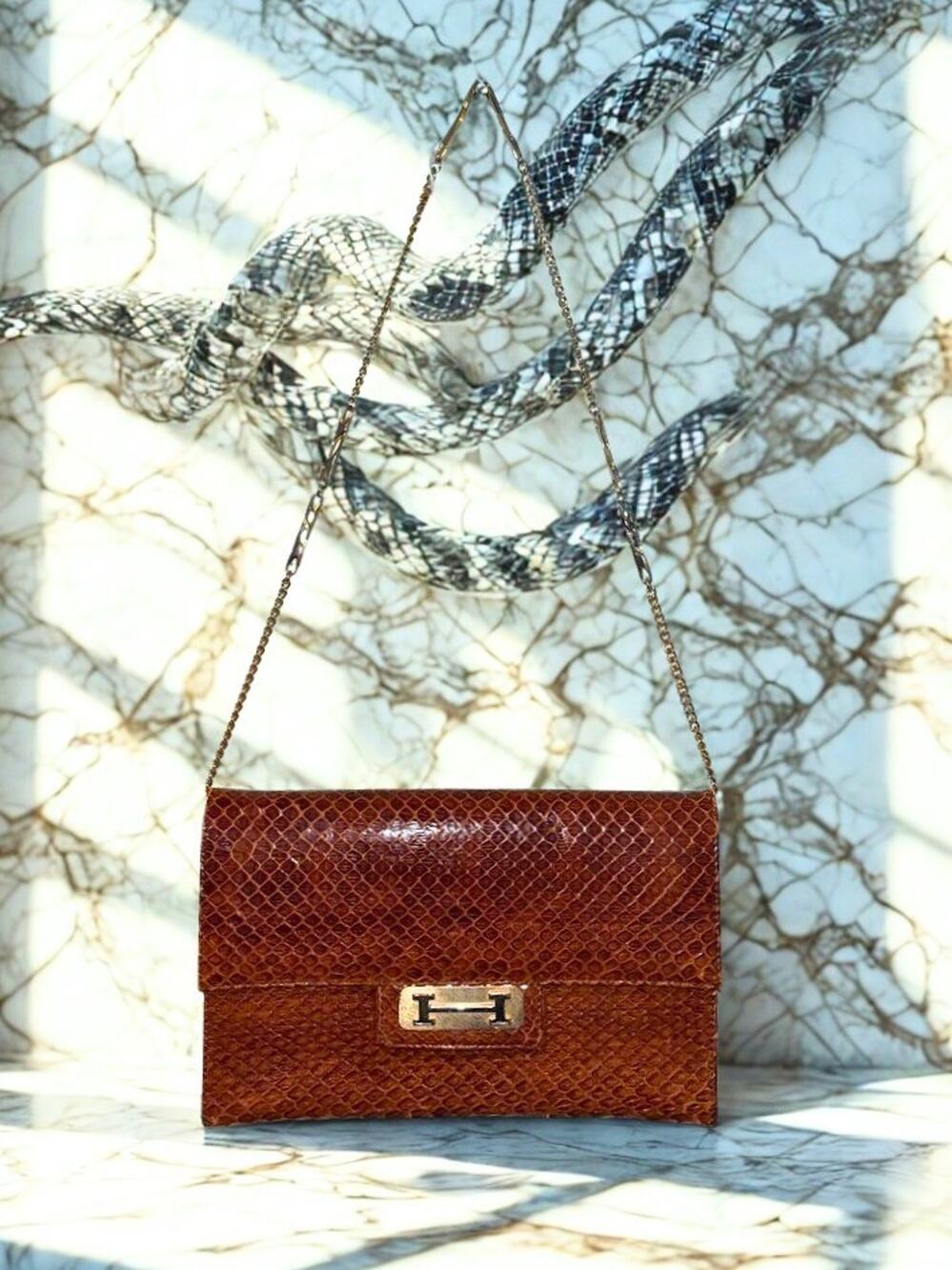 Bergdorf Goodman Snakeskin Leather Shoulder Bag Spain Gold Chain Clutch Vintage